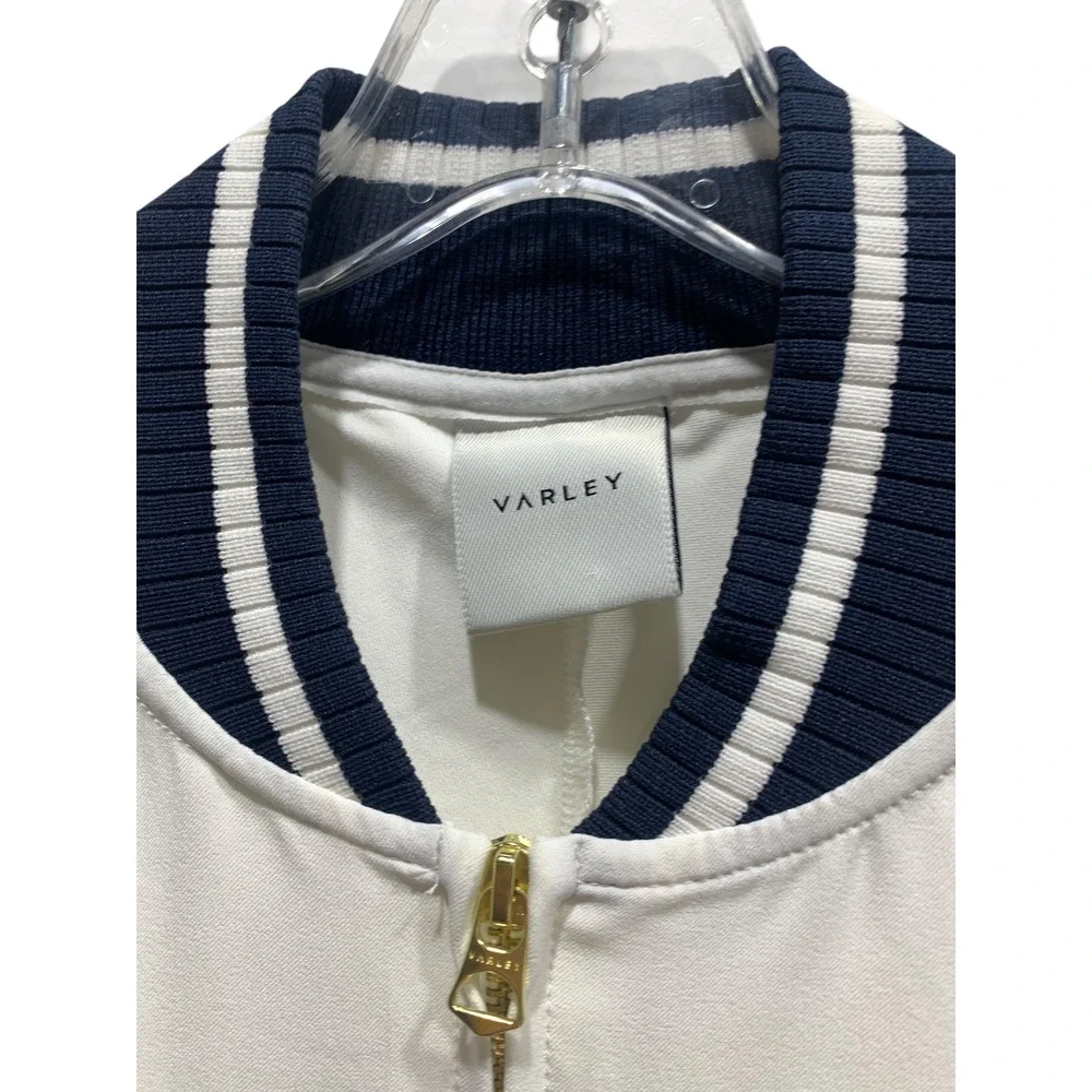 VARLEY Womens White Navy Trim Bomber Jacket Zip Front‎ Athletic Style Size Small
